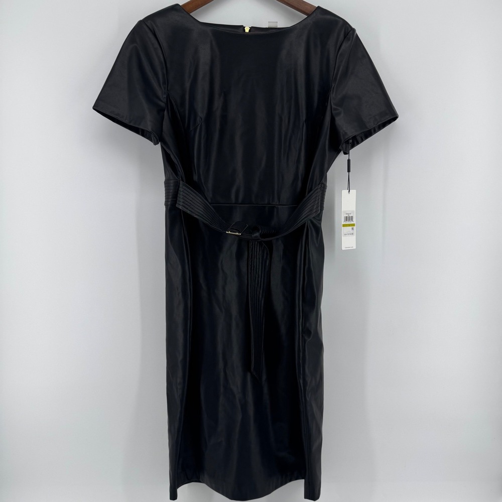 New Calvin Klein Black Faux Leather Sheath Dress With Gold‎ Belt Size 14 Slit